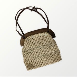 Macrame Shoulder Bag Cream Brown Leather Straps